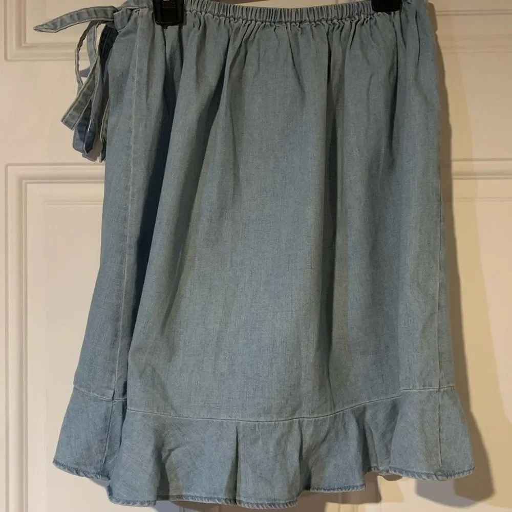J Crew Mercantile Soft DenimBlue Mini Wrap Skirt with Ruffled Hem
